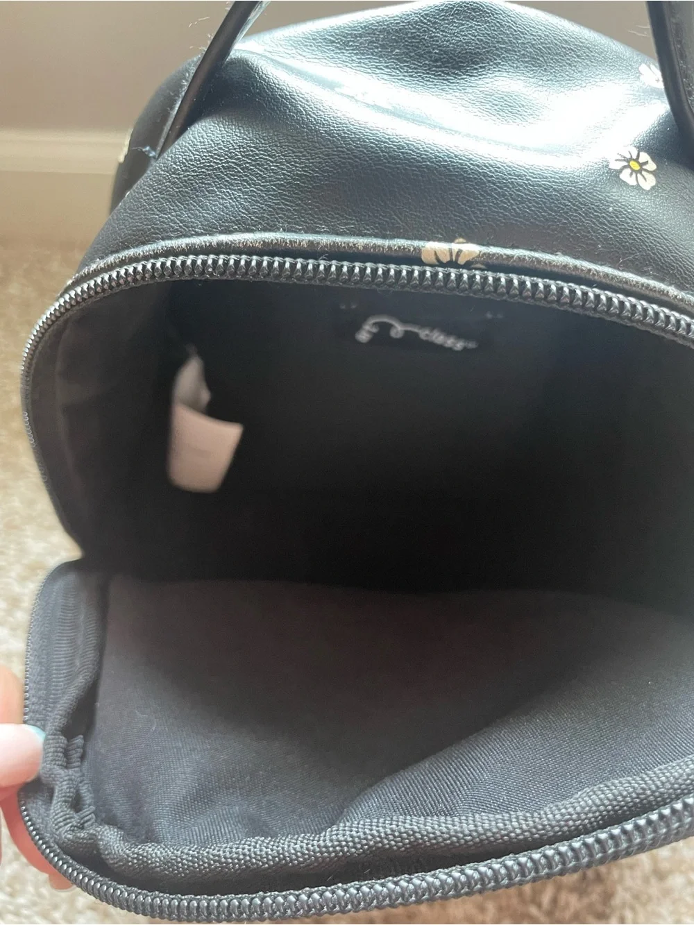 Black Mini Backpack with White Daisy Print